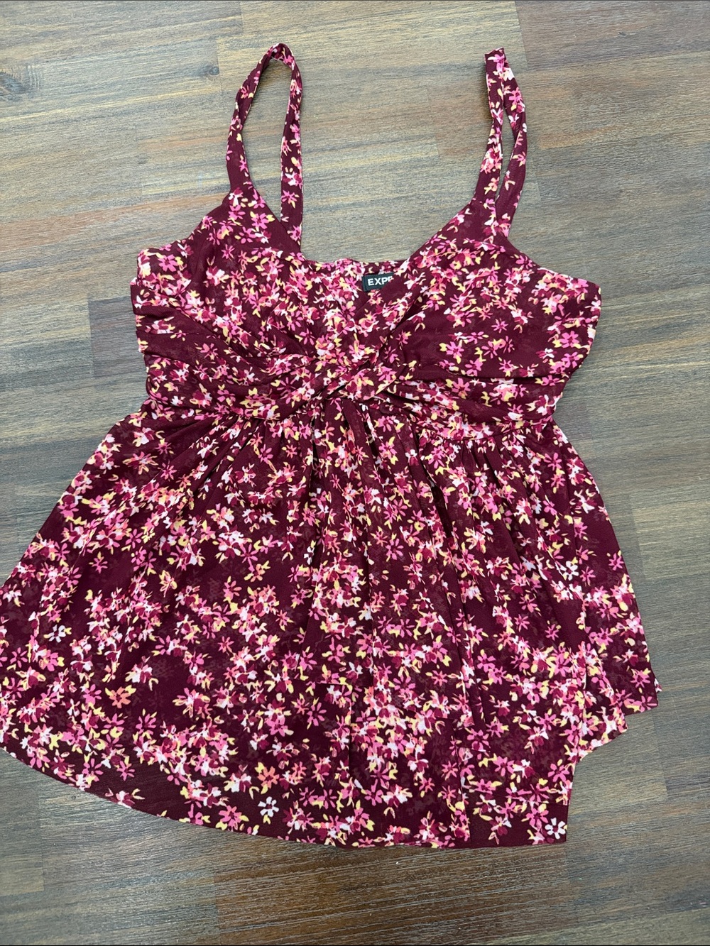 Express Burgundy Floral Spaghetti-Strap Babydoll Top